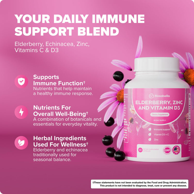 Rosabella Elderberry, Zinc & Vitamin D3 Capsules – Elderberry Supplement with Echinacea, Vitamin C & Zinc, Immune Support Supplement for Daily Wellness, Vegan Capsules – 90 Count (Pack of 1) 90 Count (Pack of 1)