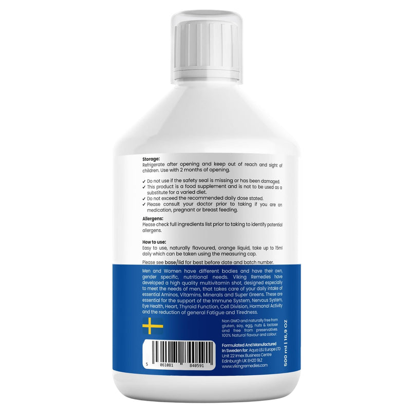 Men’s Multivitamin Liquid – 500ml – Orange Flavour – 140+ Nutrients Including Vitamins, Minerals & Amino Acids – Made in Sweden
