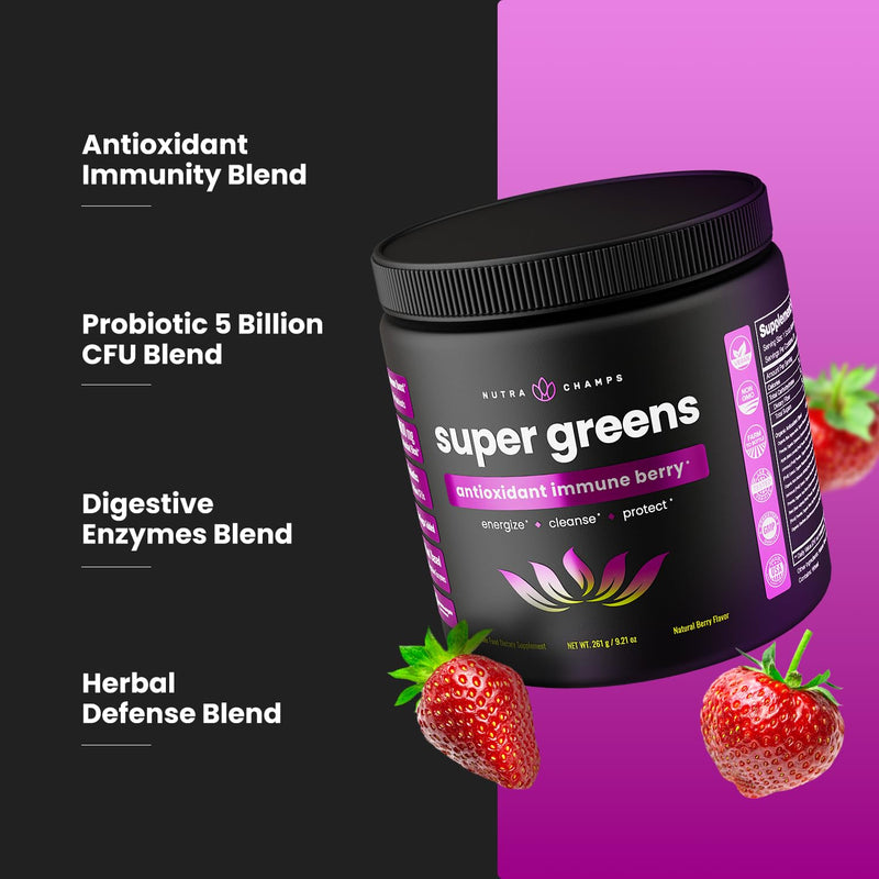 [Australia] - Super Greens Powder Premium Antioxidant Superfood | Organic Greens Fruit and Veggie Vegan Supplement | 40+ Greens and Superfoods Including Wheatgrass & Spirulina | Probiotic Powder Greens, Sweet Berry 
