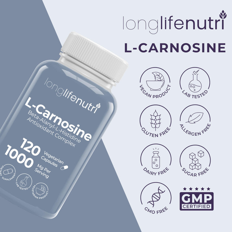 LongLifeNutri L-Carnosine 1000mg - Beta-Alanyl-L-Histidine Supplement for Cellular Energy & Brain Clarity, 120 Vegetarian Capsules, 2-Month Supply, GMP Certified, Made in USA 120 Count (Pack of 1)