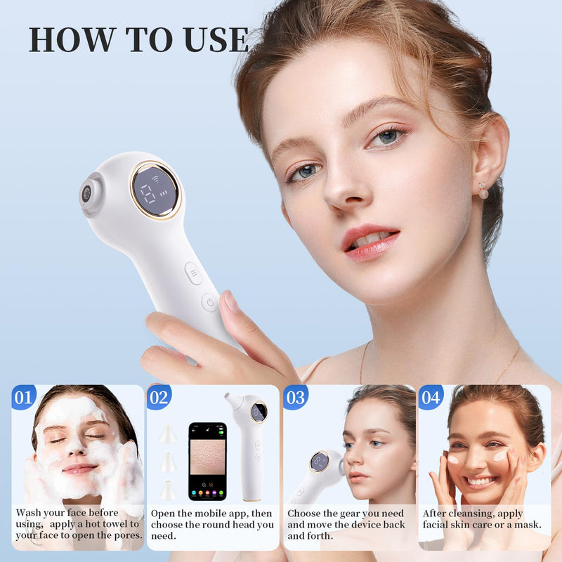 Blackhead Extractor with Camera, Black Head Remover for Face,Pore Extractor for Black Head and Acen, Blackhead Remover Tools with USB Rechargeable, Blackhead Remover Vacuum (White) White