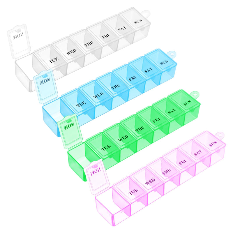 WLLHYF 4 Pack, Weekly Pill Organizer, Portable Pill Box, 7 Day Pill Cases | Travel Medicine Organizer, for Vitamins, Supplements, and Medications