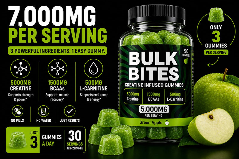 Bulk Bites 7000mg Creatine Gummies – High Strength Creatine Monohydrate Complex with BCAA & L-Carnitine | Sugar-Free Vegan Pre Workout Gummies, Muscle Growth, Energy & Recovery – 90 Gummies Green Apple