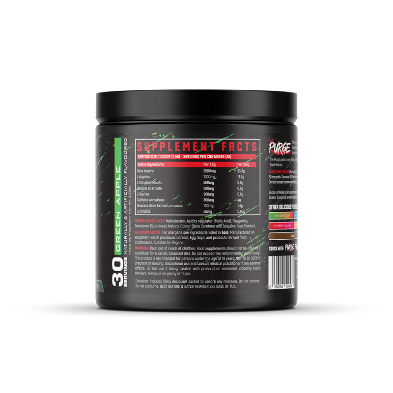 The Purge - Pre Workout 225g Powder Shake - High Caffeine Content - Helps with Energy, Focus and Blood Flow - No Crash - Potent Formula - Quick Absorbing (Green Apple) Green Apple