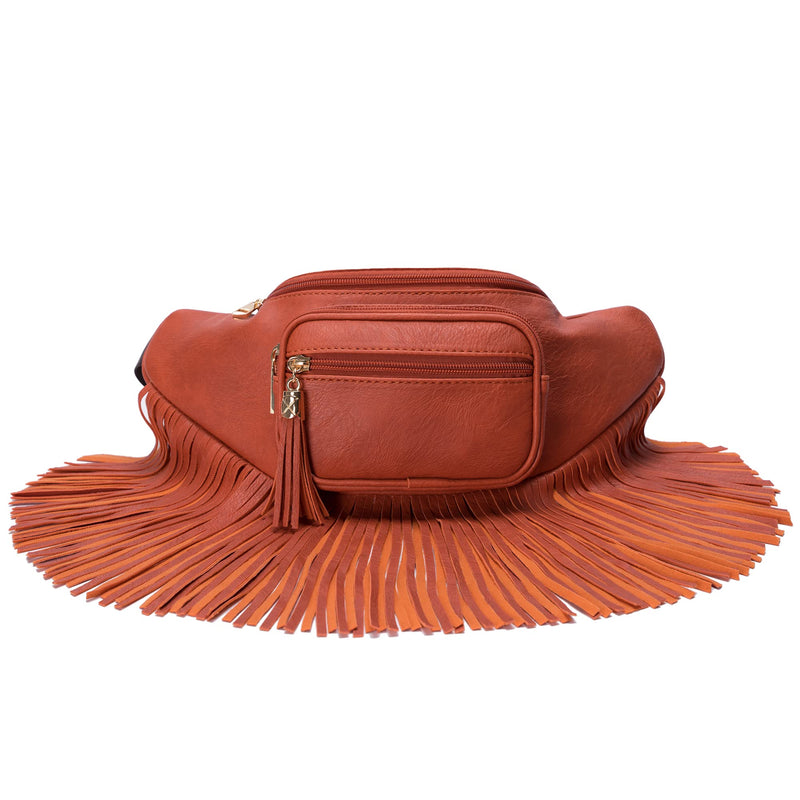 Fringe Waist bag for women with Multi Zipper Pockets Orange