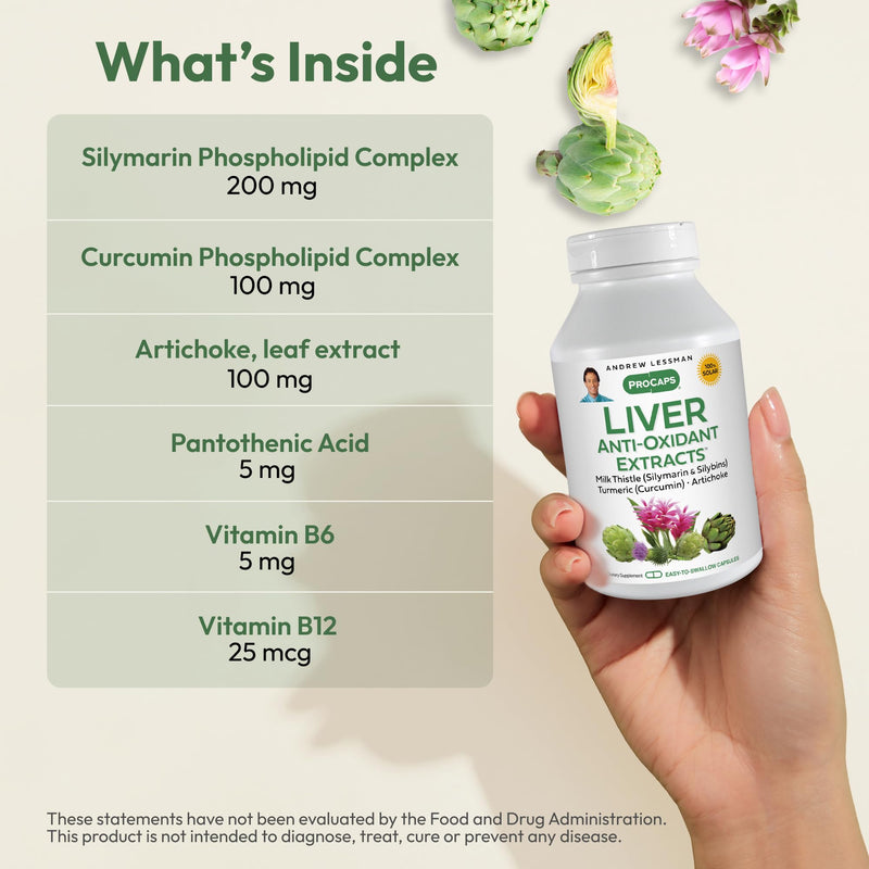 Andrew Lessman Liver Anti-Oxidant Extracts 180 Capsules | Milk Thistle & Curcumin phospholipid complexes for enhanced absorption. Includes Artichoke & B Vitamins. 180 Count (Pack of 1)