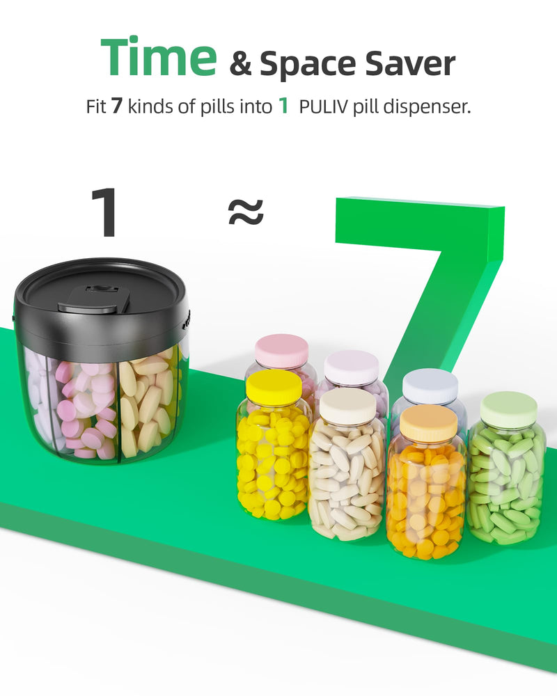 [Australia] - PULIV Portable Pill Dispenser Bottle, Vitamin Organizer with 7 Compartments, Holds Plenty of Supplements with Anti-Mixing & Wide Openings Design, Easy to Retrieve Meds, includes 20 Pcs Sticky Labels Black 
