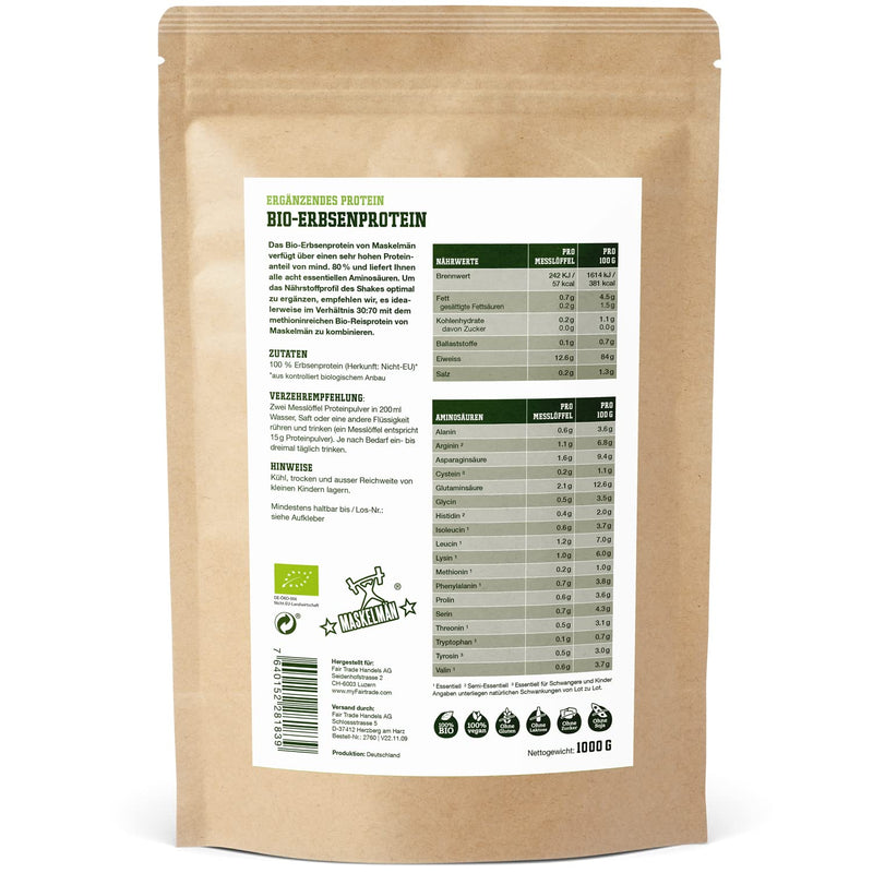[Australia] - Organic pea protein powder - 1 KG - Pea flour including all essential amino acids - Vegan protein powder with 84% protein - Supports muscle building 
