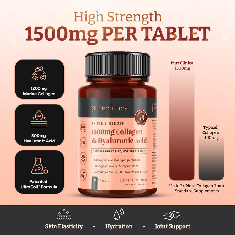 UltraColl Collagen & Hyaluronic Acid 1500mg – 180 Tablets (6 Month Supply) | High Strength Marine Collagen Types I, II, III, VII | Anti-Ageing, Skin Elasticity, Joint Support, UK Made 180 count (Pack of 1)