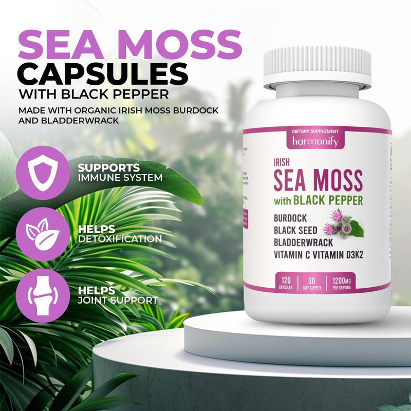 Premium Sea Moss & Black Seed Complex Capsules – Advanced Botanical & Multimineral Blend with Bladderwrack, Burdock Root, Ashwagandha, Turmeric, Vitamin D3 & K2 – 120 Vegan Capsules