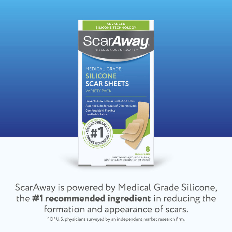 [Australia] - ScarAway Advanced Silicone Scar Sheets, Medical Grade Variety Pack Silicone Strips, Scar Treatment & Prevention for Surgical, Burn, Body, Acne, Hypertrophic & Keloid Scars, 8 Reuseable Sheets 