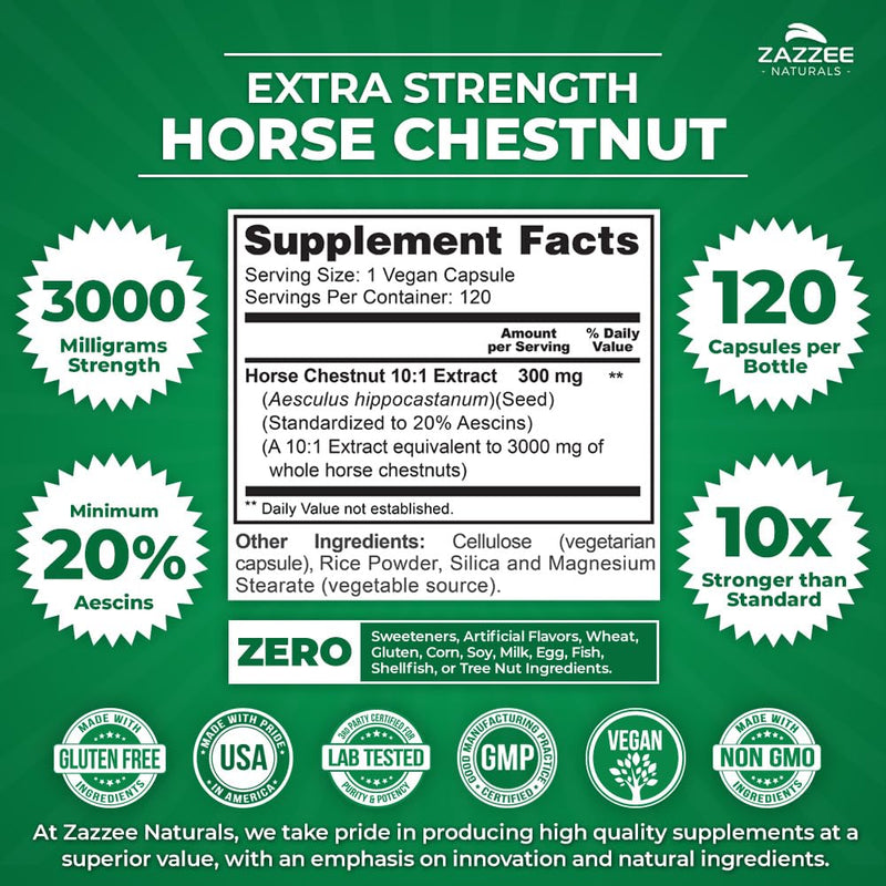 Zazzee Extra Strength Horse Chestnut 10:1 Extract, 3000 mg Strength, 20% Aescins, 4 Month Supply, 120 Vegan Capsules, Concentrated and Standardized 10X Extract, All-Natural, Non-GMO, Made in The USA - PawsPlanet Australia