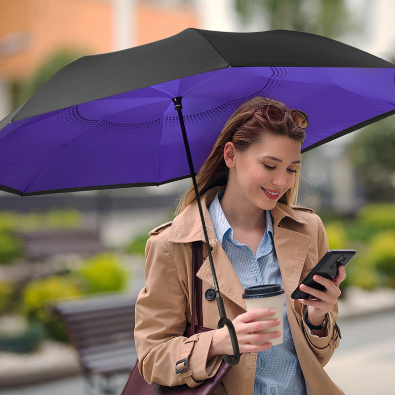 G4Free 54 Inch Large Windproof Umbrella Auto Open Classic Wooden J Handle 62 Inch Large Inverted Reverse Umbrella with C-Shaped Handle for Men Women