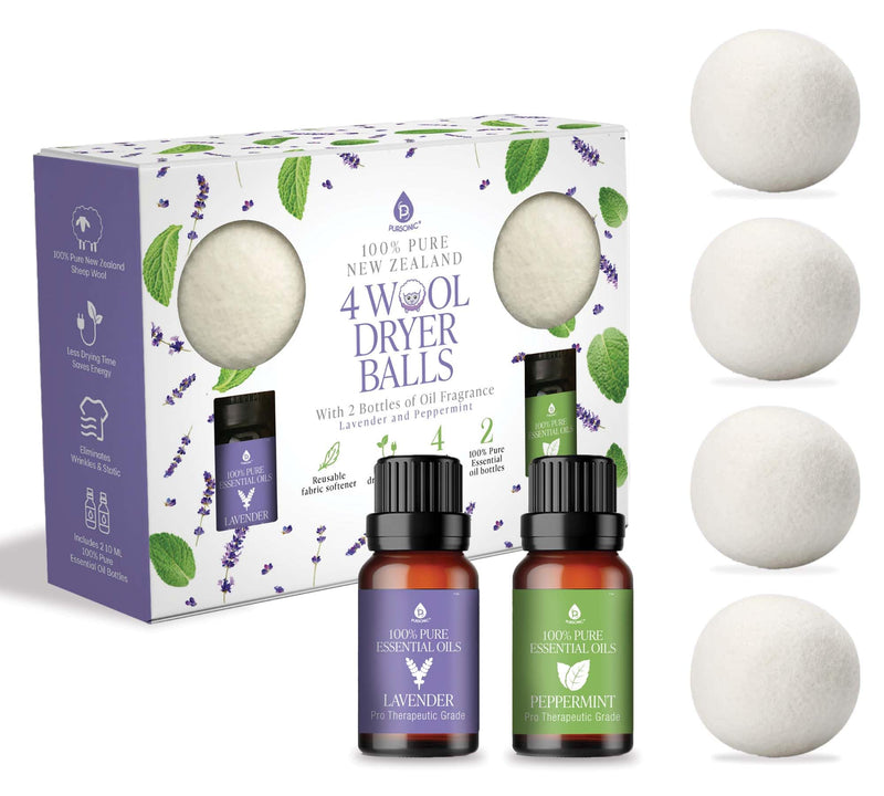 Pursonic Laundry Wool Dryer Balls Bundle - Reusable Dryer Balls Made from Pure New Zealand Wool - Natural Fabric Softener Balls with Lavender Oil & Peppermint Oil - 2.75" Diameter, 4-Pack 4 Dryer Balls with Lavender & Peppermint Oils