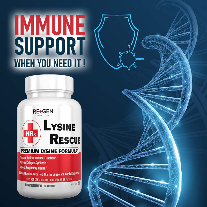 [Australia] - Lysine Rescue, Amino Acid Supplement for Stronger Immune Health & Collagen Synthesis in Women & Men, Promotes Lips & Skin Health, Natural, Pure L-lysine, 90 Capsules, 45 Day Supply 