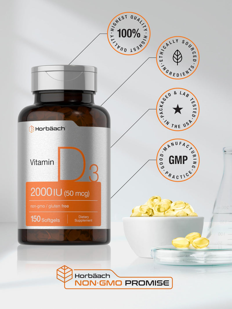 Horbaach Vitamin D3 2000IU Softgels | 150 Count | 50mcg Cholecalciferol | Non-GMO & Gluten Free Supplement