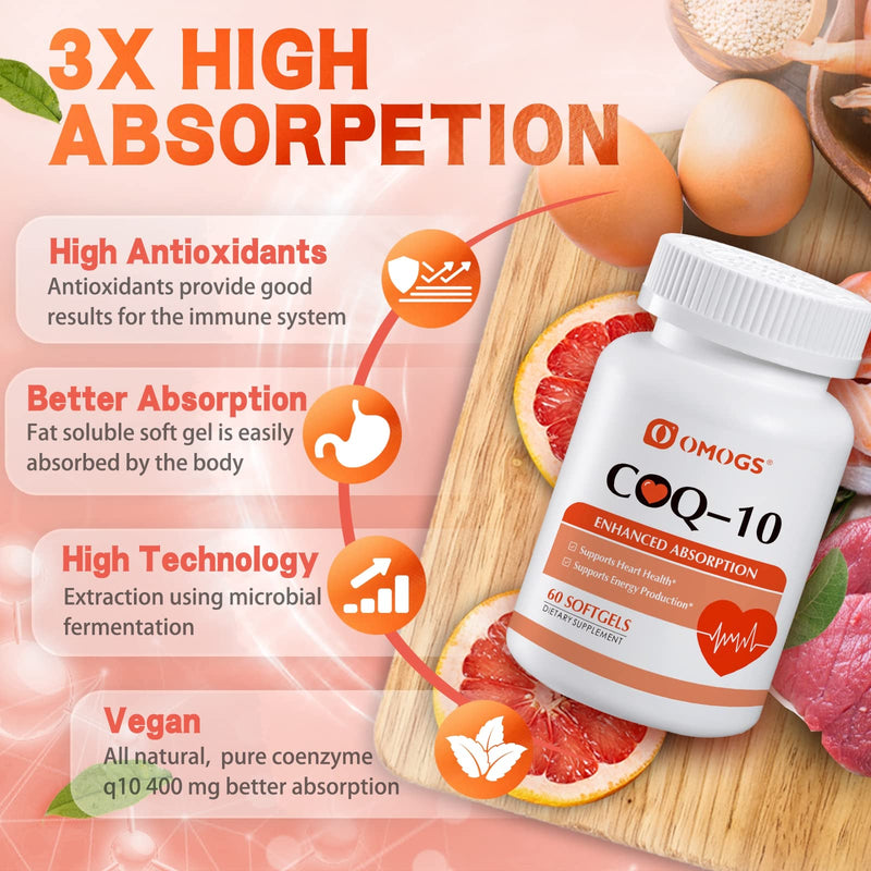 [Australia] - CoQ10 400mg Softgels, Coenzyme Q10 High Absorption Supplements Support Heart Health, Cardiovascular Health, Immune System & Cellular Energy Production, Gluten Free, 60 Softgels 