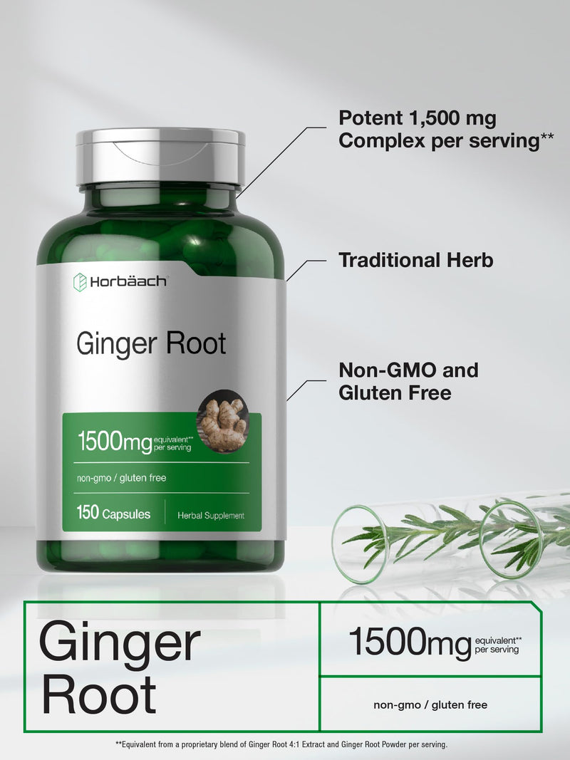 Horbäach Ginger Root Capsules 1500 mg | 150 Pills | Non-GMO, Gluten Free | Ginger Root Extract