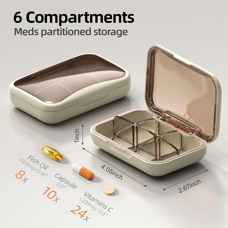 Portable Pill Box, Pill Organizer with 6 Compartments, Daily Medicine Pill Case, Pocket Size Pill Box for Travel, BPA Free Small Pill Container for Vitamins, Fish Oil, Supplements (White) White