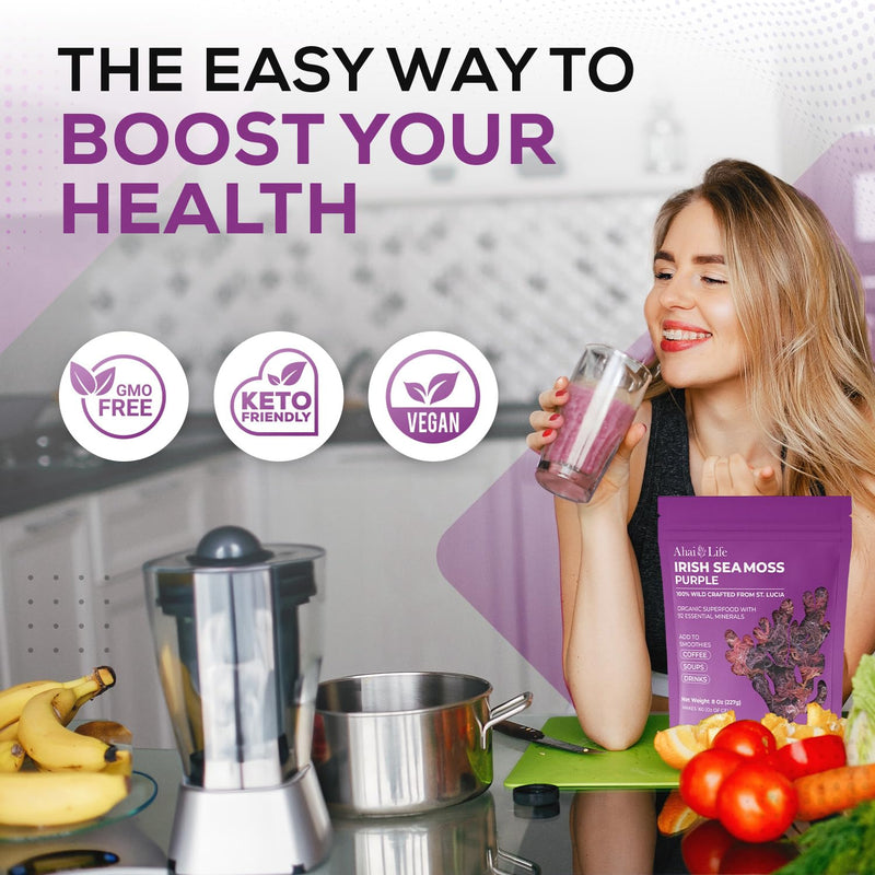 Purple Sea Moss Raw Organic| Makes 160oz of Gel - 100% Wild Crafted| Non-GMO Sun-Dried Mineral Rich Super Food for Energy| Booster Healthy, Immunity Digestion (8oz) Purple 8 Ounce