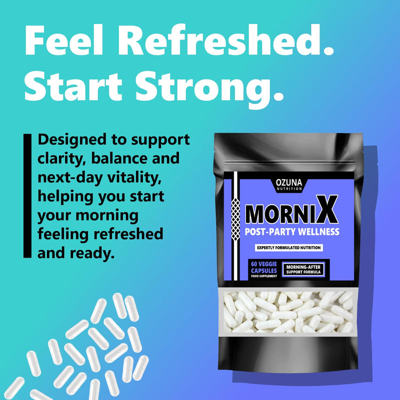Mornix Morning Reset Supplement | Next-Day Wellness, Energy, Hydration & Vitality Support | NAC, ALA, Ashwagandha, Maca, Vitamins & Taurine – 60 Capsules