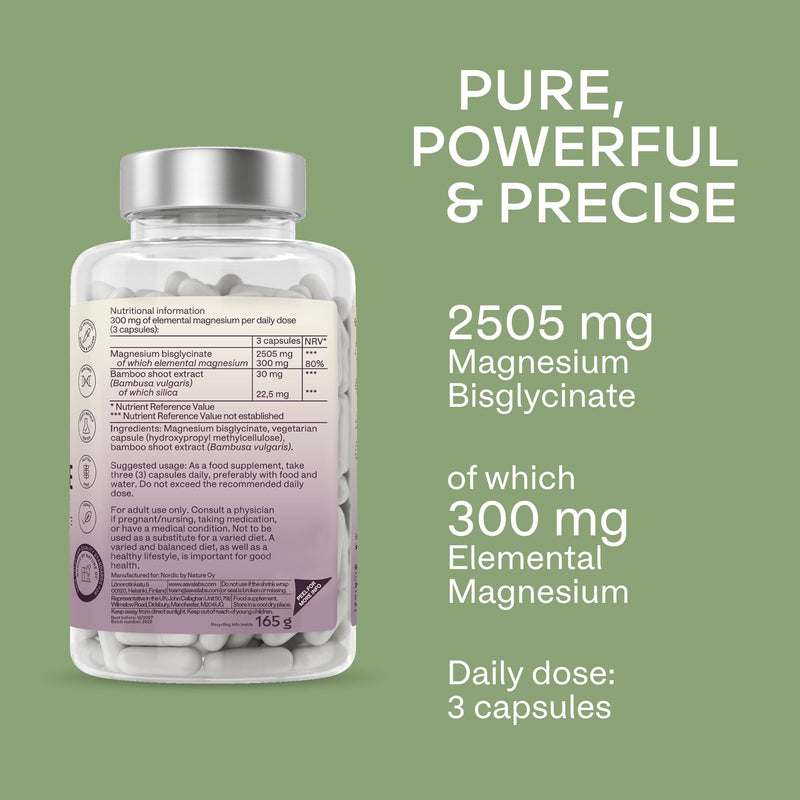 Chelated Magnesium Bisglycinate 2505mg per Daily Dose (Elemental 300 mg) - Unbuffered High Strength Magnesium Supplements for Women and Men –180 Capsules - Vegan