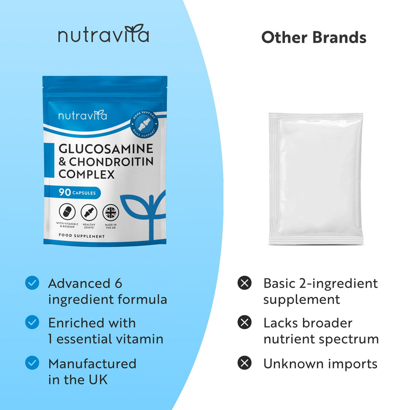 Nutravita Glucosamine and Chondroitin - 90 Capsules - Glucosamine and Chondroitin High Strength - 6-in-1 Complex with Added Vitamin C, Turmeric, Ginger & Rosehip - Food Supplements Made in The UK