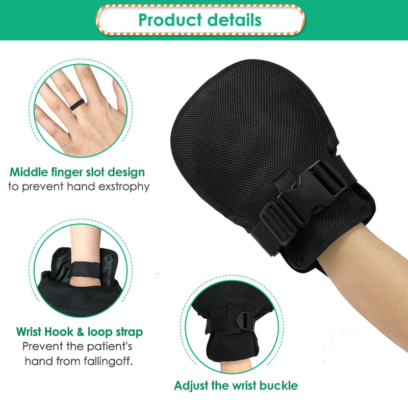 Bed Restraints Dementia Gloves Safety Hand Control Mitts Medical Bondage Locking Mittens Patients Caregivers Elderly Protectors Product, Prevent Scratching Harm, 1 Pair Dual Purpose, Black