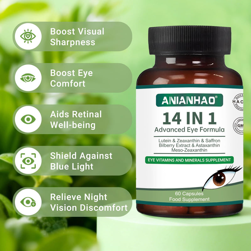 14 in 1 Advanced Eye Formula Eye Vitamins, areds 2 Eye Supplement – Eye Vitamin and Mineral Supplement with Lutein, Zeaxanthin, Zinc & Bilberry Extract – Vision & Focus Support, 60 Capsules