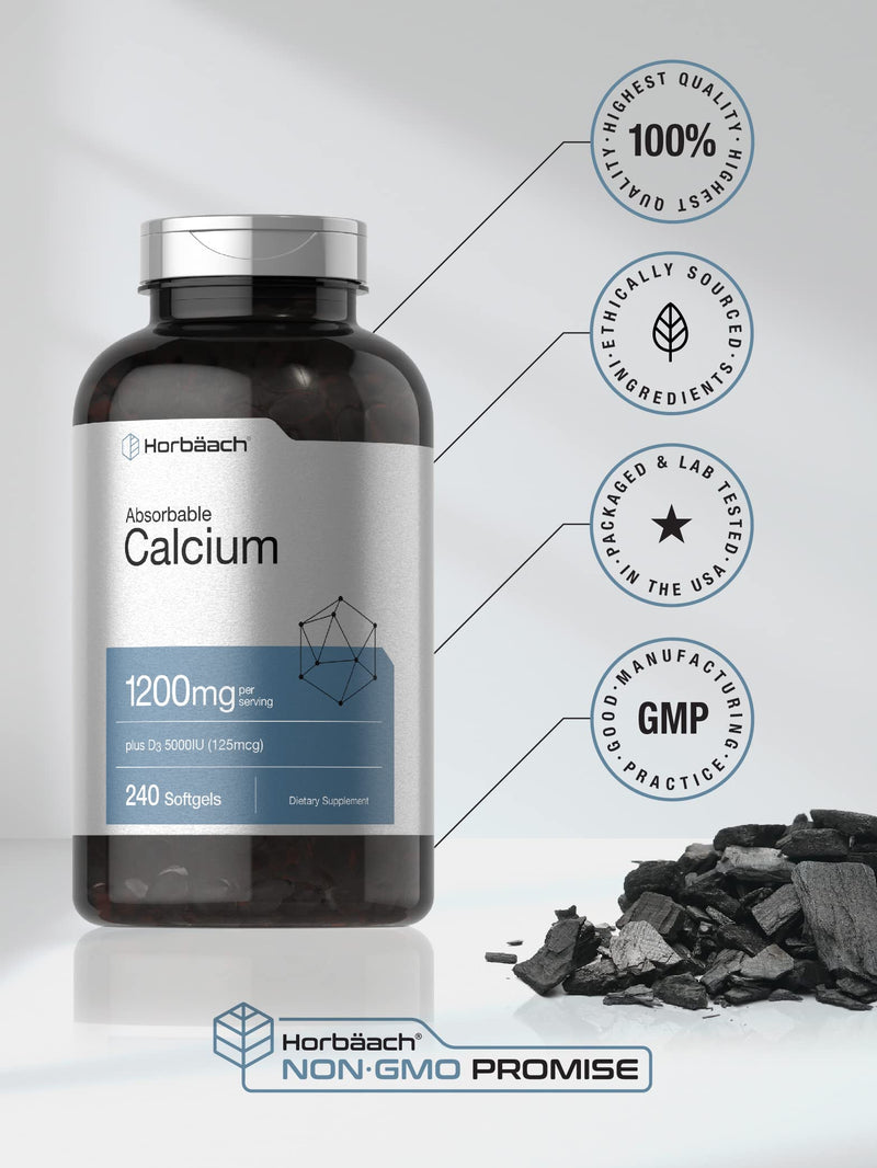 Horbäach Calcium 1200 mg with Vitamin D3 | 240 Softgels | 5000IU Vitamin D3 | Absorbable Calcium Supplement for Women and Men | Non-GMO, Gluten Free 240 Count (Pack of 1)