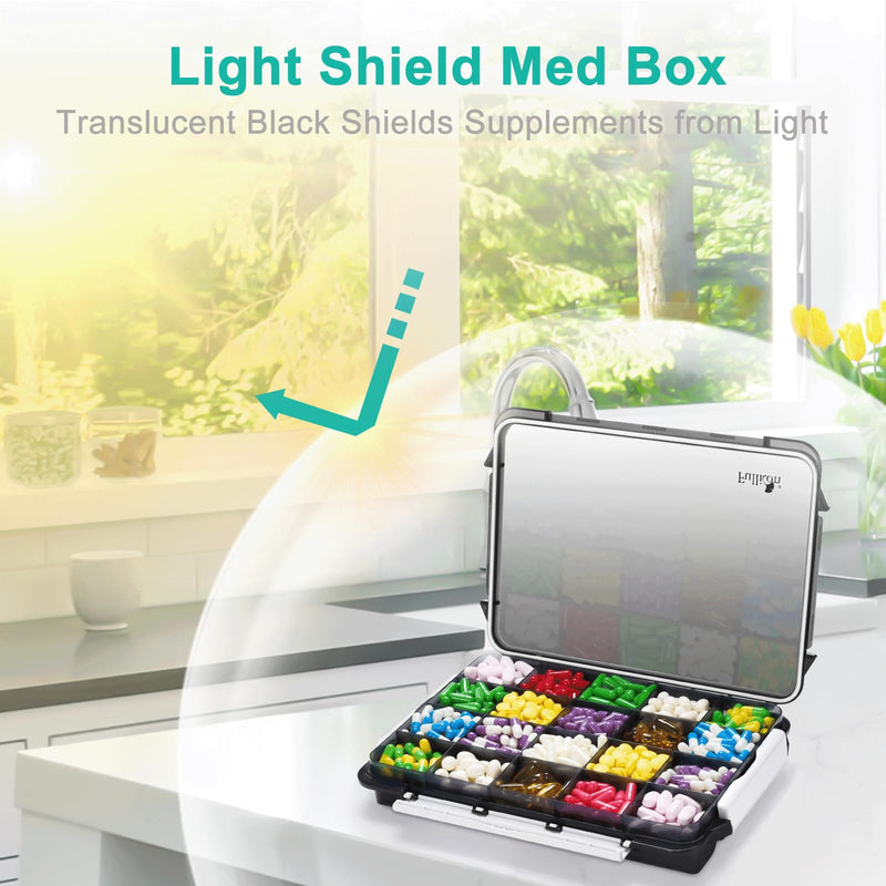 Fullicon Extra Large Pill Organizer with Moisture Proof Design, Travel Jumbo Pill Box with 20 Compartment, Supplement Organizer for Vitamins with 3 Secured Buckles (Black)