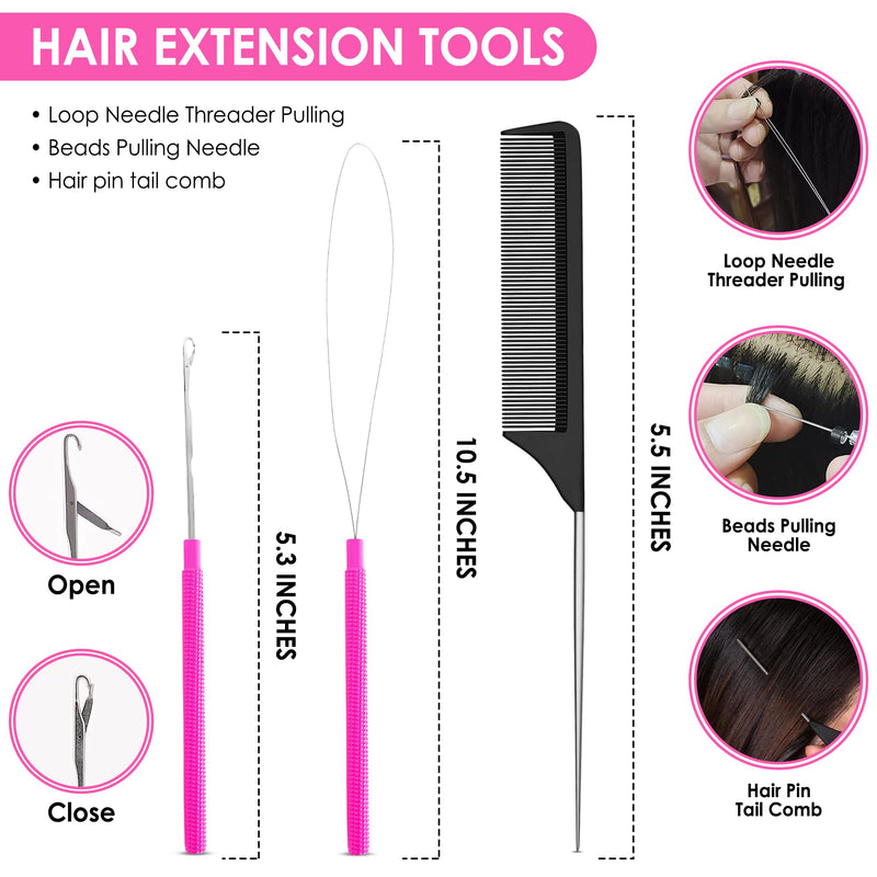 [Australia] - Beauty & Crafts Hair Extension Tools- Stainless Steel Pliers Set for Micro Beads- 1 Crochet Needle 1 Pulling Hook with Tail Comb- Micro Links Tool Kit with Leather Pouch- (Pink) Pink 