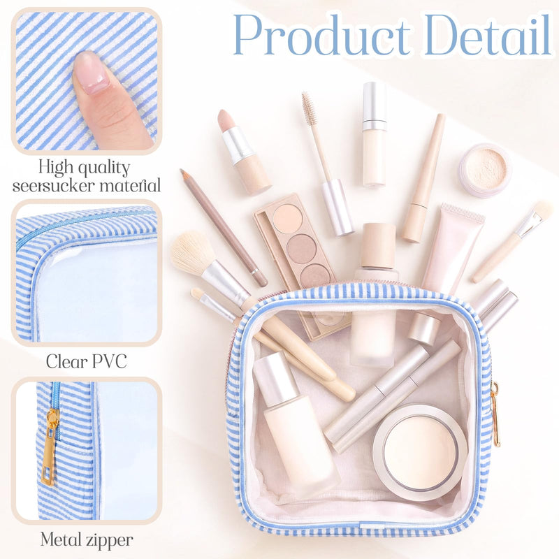 Sanwuta 10 Pcs Seersucker Mini Makeup Bags Bulk Initial A-z Chenille Letter Patches Clear Striped Zipper Pouch Small Travel Cosmetic Bag Purse Organizer for Women Wedding Bridesmaid Gift (Light Blue)