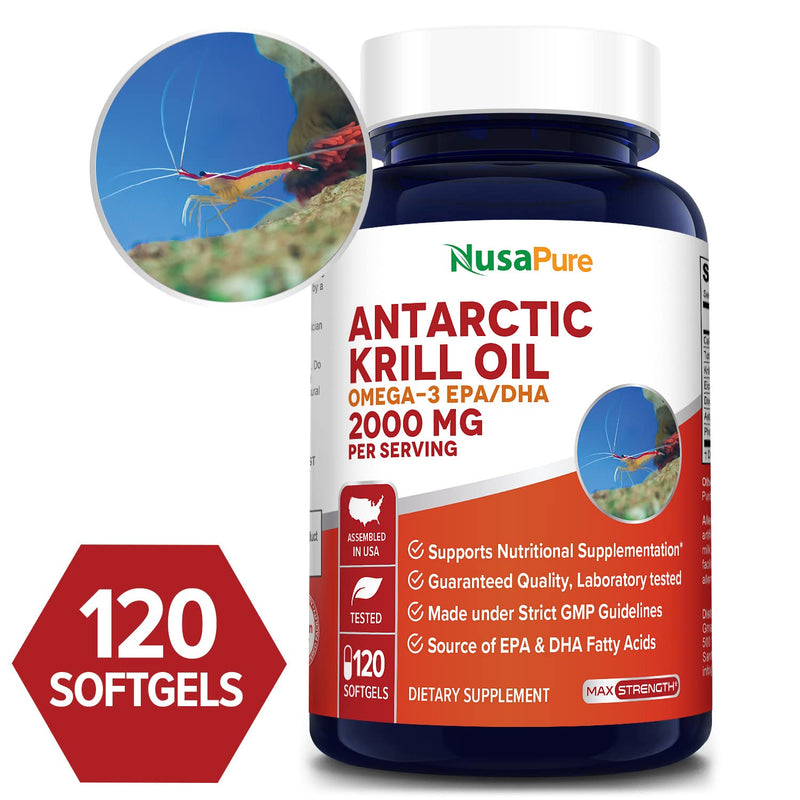 [Australia] - NusaPure Antarctic Krill Oil 2000 mg 120 Softgels, Omega-3 EPA 360mg, DHA 240mg, Astaxanthin Supplement Sourced from Krill 800ppm 