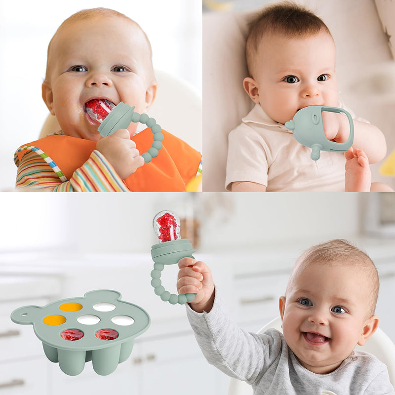 [Australia] - Baby Fruit Feeder Pacifier - 3 Pack | 1 Baby Food Feeder & 1 Baby Teether & 1 Baby Popsicle Molds | Breastmilk Popsicle molds | Baby Teething Toys | Silicone Baby Feeding Set | Baby Feeder (Pea Green) 01. Pea Green - Set 1 