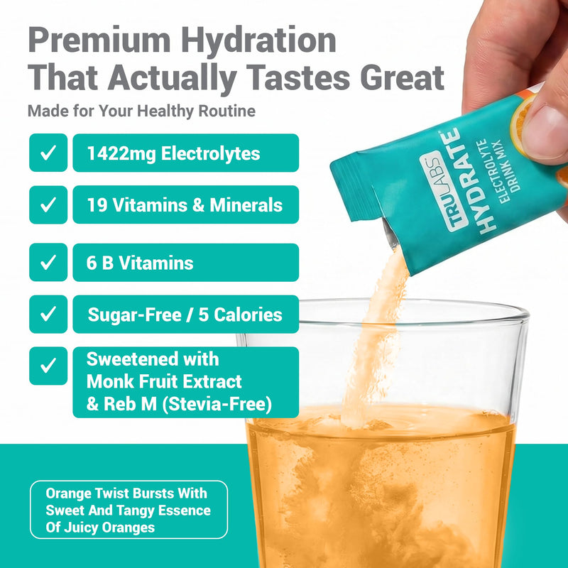 TRULABS Hydrate Electrolyte Drink Mix – Orange Twist Flavor, Sugar-Free Hydration Packets with 1422 mg Electrolytes & 19 Vitamins & Minerals, Monk Fruit Sweetened, On-the-Go Sticks (16 Count)