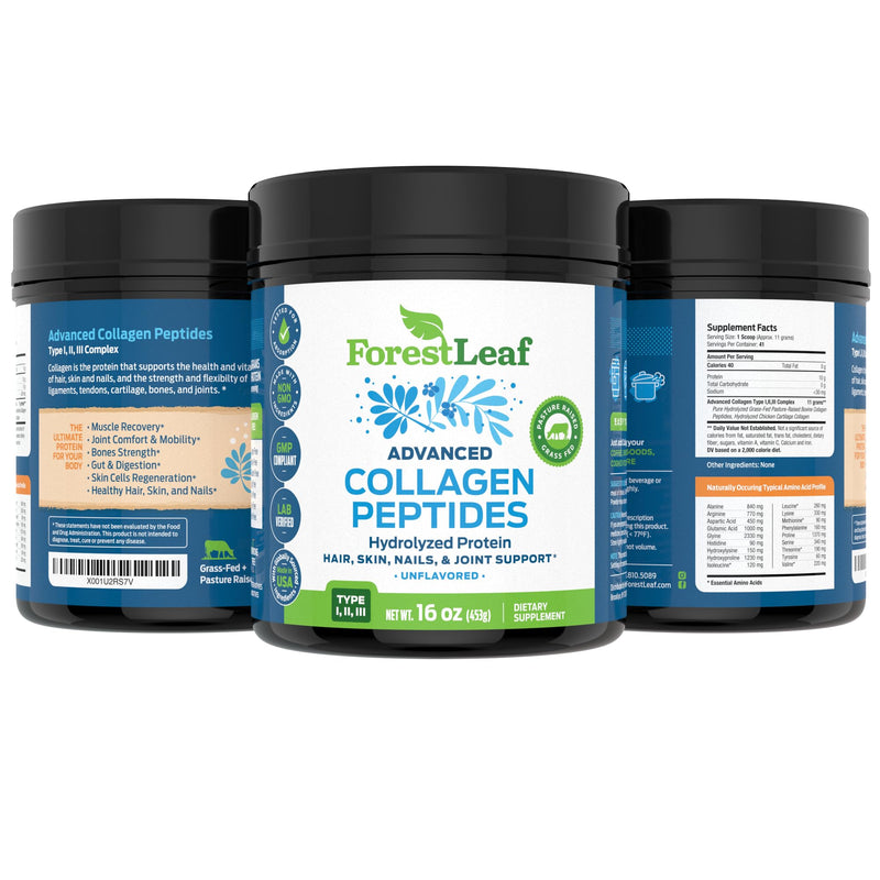 ForestLeaf Collagen Peptides Powder Unflavored - Hydrolyzed Grass Fed Keto Collagen Protein Powder Type 1, 2 & 3 - Vital Hair, Skin, Nails, Joints, Recovery, 11g Per Serving 1 Pound (Pack of 1)
