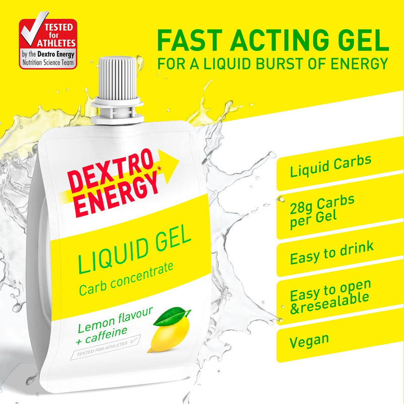 Dextro Energy Lemon Energy Gel | Non-Sticky Fast Acting Drinkable Liquid Energy | a Quick Burst of Glucose with Caffeine | 28g of Carbohydrates | for Running or Cycling | Vegan I Pack of 12 Lemon and Caffeine Energy Gel