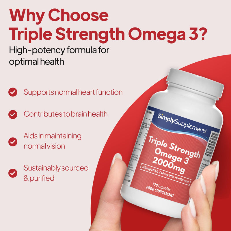 Triple Strength Omega 3 2,000mg | Supports Heart, Brain & Eye Health | Rich in Omega 3 Fatty Acids | 660mg of EPA and 440mg of DHA per Serving | 120 Capsules = 2 Months’ Supply | Made in UK