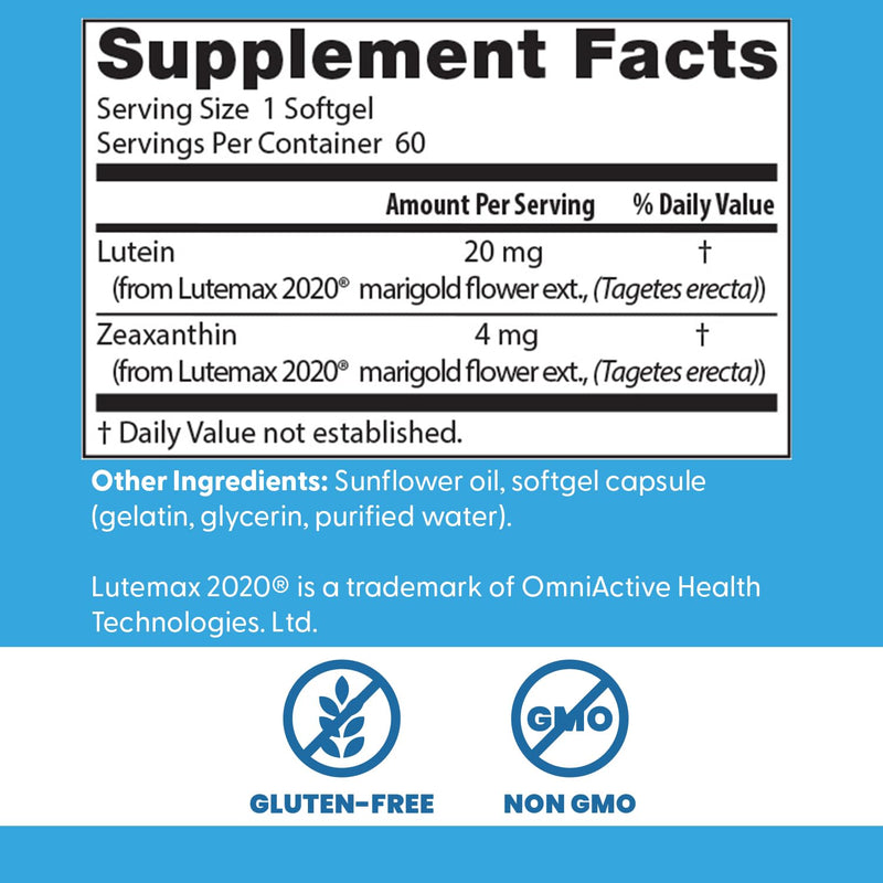 Doctor's Best Lutein Supplement 20mg with Zeaxanthin - Lutein for Eyes, Eye Health Vitamins for Men & Women, Vision and Macular Health Support, Lutemax 2020 Marigold Flower Extract - 60 Softgels Unflavored 60 Count (Pack of 1)