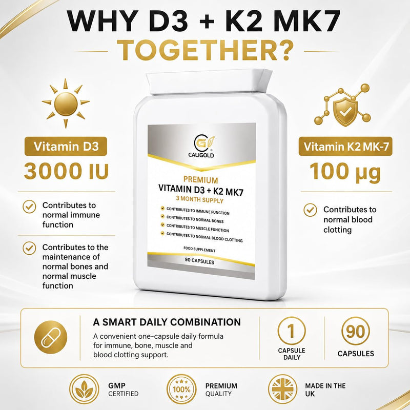 CaliGold Vitamin D3 3000iu & K2 100ug (MK7) – 90 Vitamin D3 K2 Vegetarian Capsules – Supports Normal Bones, Muscles, Teeth and Immune System – Cholecalciferol & Menaquinone-7