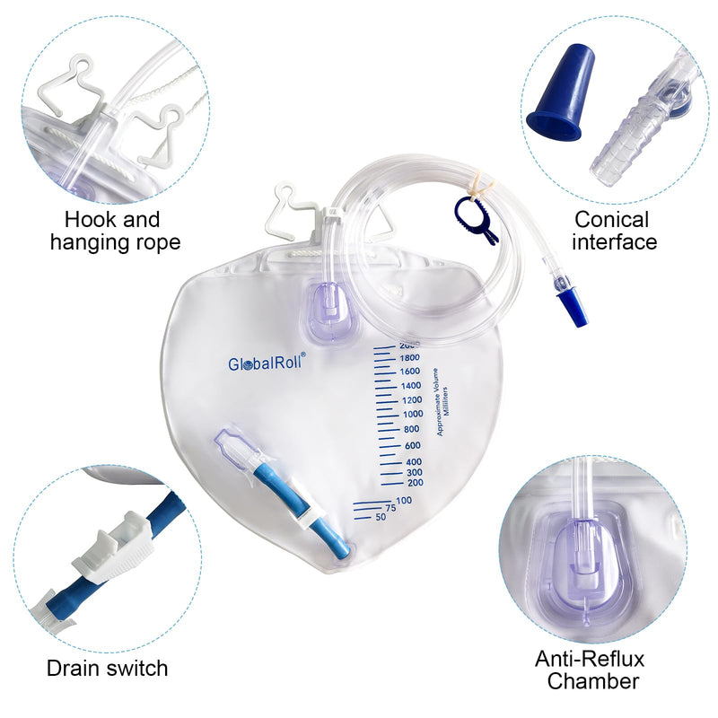 [Australia] - Urinary Drainage Bag with Anti-Reflux Chamber, Bedside Drainage Bag 2000 mL with 48" Drainage Tube, Hook Hanger and Clips, Urine Bag with Plastic Buckle for Home and Hospitals, 1 Pack 