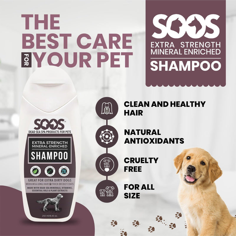 Soos Pets Shampoo Extra Strength for Cat and Dog Shampoo Natural Dead Sea Mineral Enriched Fast Absorbing with Vitamins Essential Oils Natural Ingredients Antib-acterial - 1x 250ml - PawsPlanet Australia