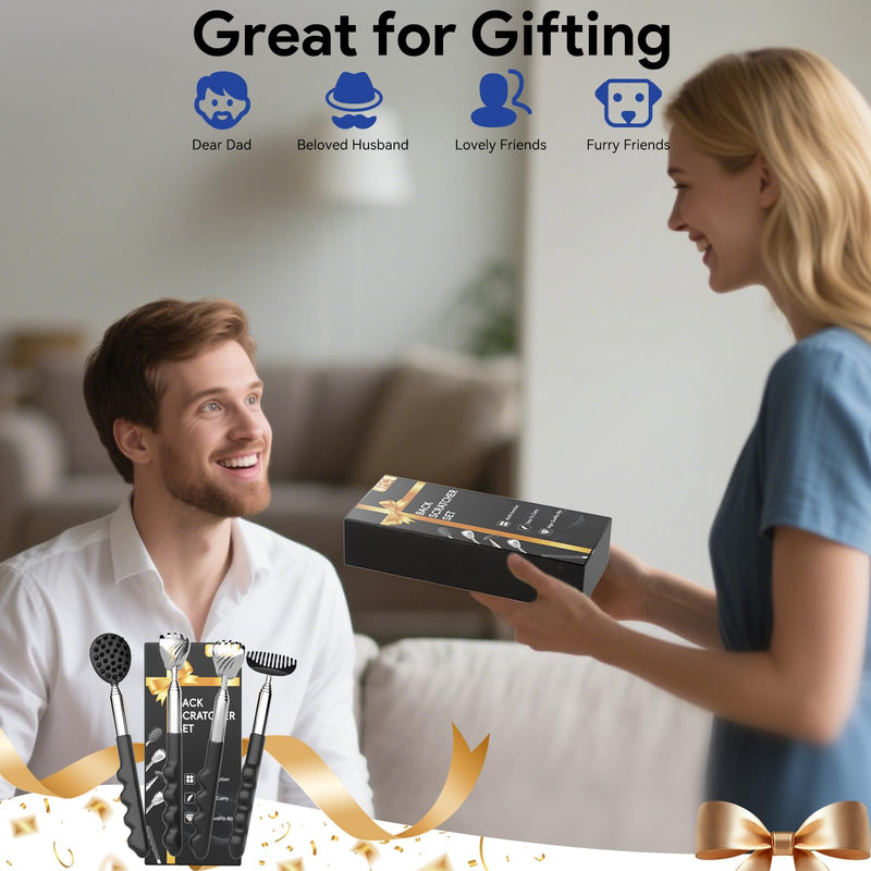 [Australia] - 4 Pack Versatile Back Scratcher, Christmas Gifts for Men, Stocking Stuffers for Men Women, Portable Telescoping with Different Heads and Rubber Handle, White Elephant Gifts for Adults - Black 