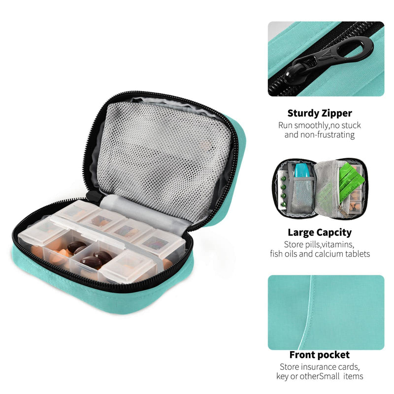 Travel Pill Case 7 Day Pill Organizer Turquoise Pill Case Portable Weekly Pill Box Bag Container Vitamin Supplement Holder with Zipper for Family Business Z-turquoise