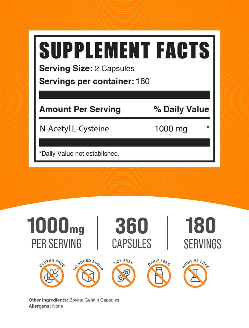 BulkSupplements.com N-Acetyl L-Cysteine 1000mg Capsules - N-Acetyl Cysteine 1000mg, NAC Supplement - NAC 1000mg, Gluten Free - 2 Capsules per Serving, 360 Capsules (Pack of 1)