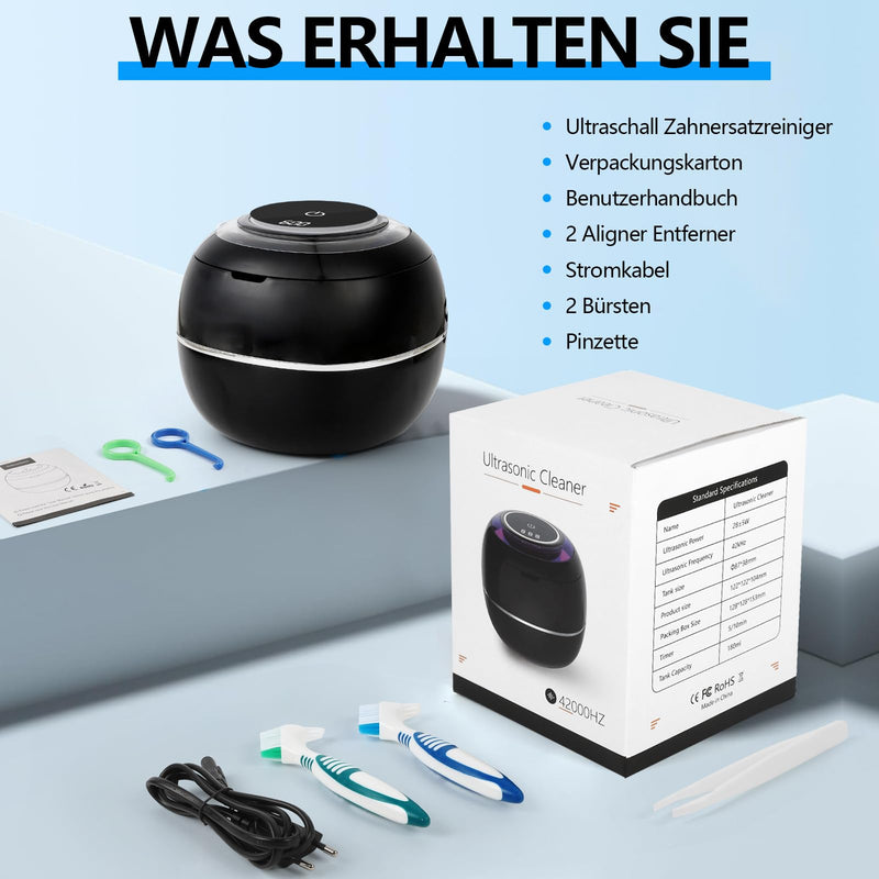 [Australia] - Ultrasonic Cleaner for Dentures, 42000HZ 180ml Ultrasonic UV Cleaner, 30W Ultrasonic Cleaner for Dentures, Aligners, Retainers and Mouth Guards (Black) Black 