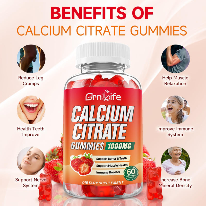 2 Pack Calcium Citrate Gummies, Sugar Free Calcium Citrate 1000mg for Muscle Healthy, Absorption Calcium Supplements for Adults & Kids, Strawberry, 120 Count 60 Count (Pack of 2)
