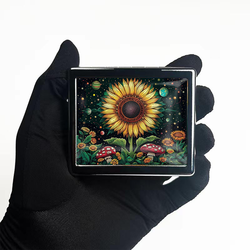 Stylish Metal Pill Organizer with 8 Compartments – Compact Travel Pill Case with Mirror Food-Grade Dividers Versatile for Medications, Vitamins, Jewelry (Celestial Sunflower) Celestial Sunflower