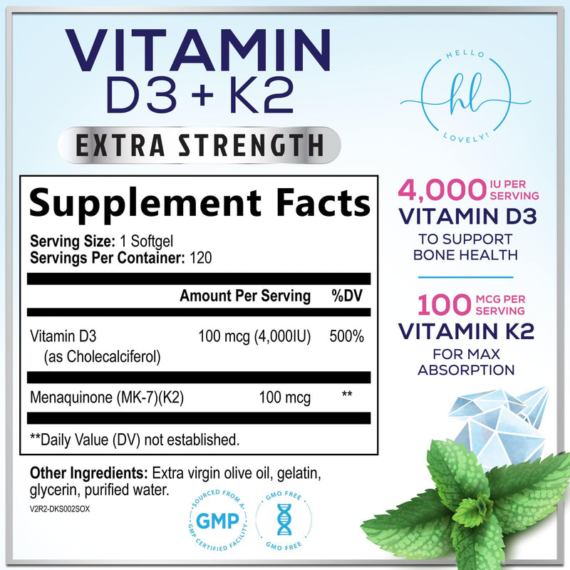 Vitamin D with K2 (MK-7) - Vitamin D3 4000IU (100mcg) Per Serving - D3K2 Complex Supplement for Bone, Teeth, Muscle, Calcium Absorption, Immune Support & Heart Health - Bottled in USA - 120 Softgels 120 Count (Pack of 1)